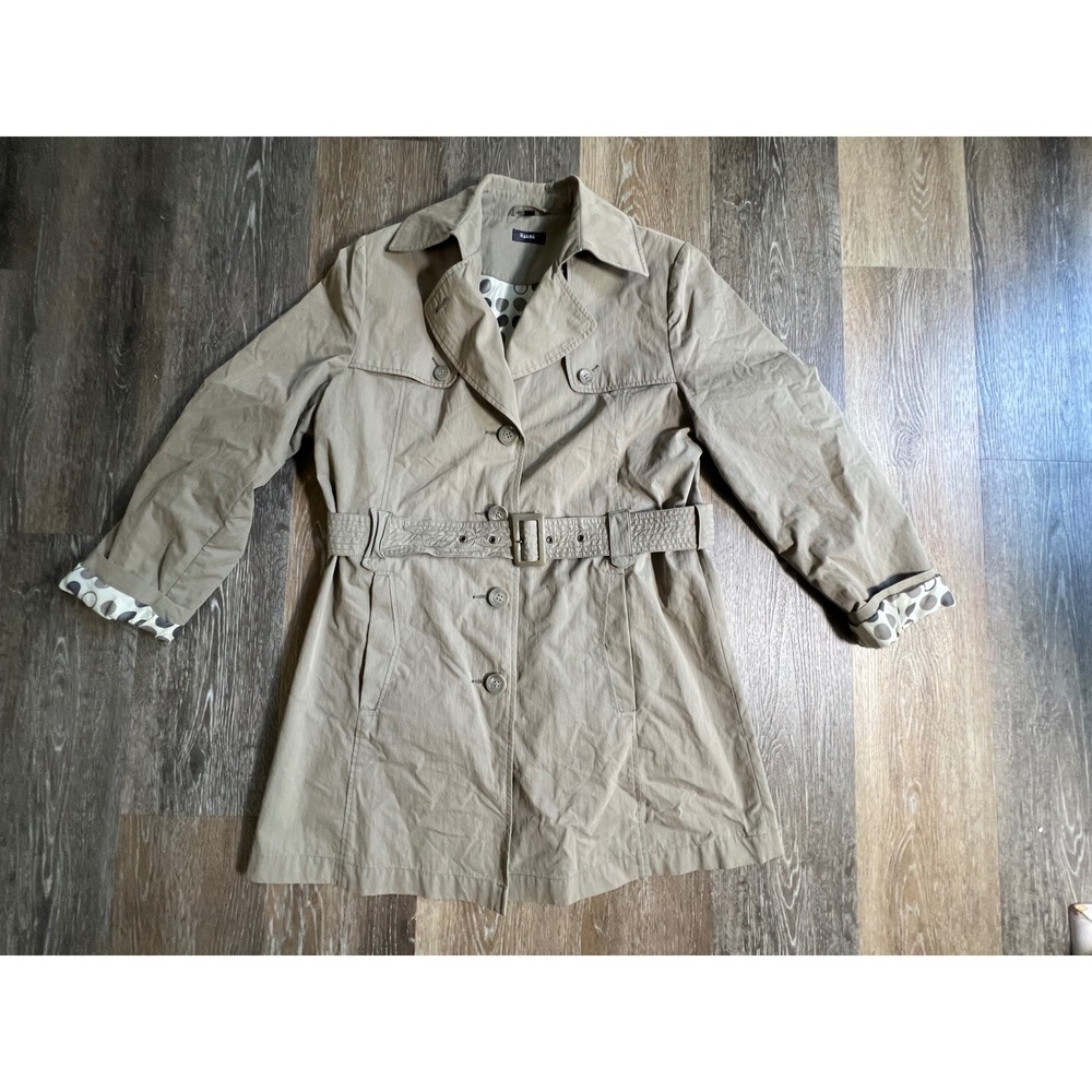 Hanna Trench Coat Womens 40 Khaki Tan Belted Polka Dot Lining Double Breasted
